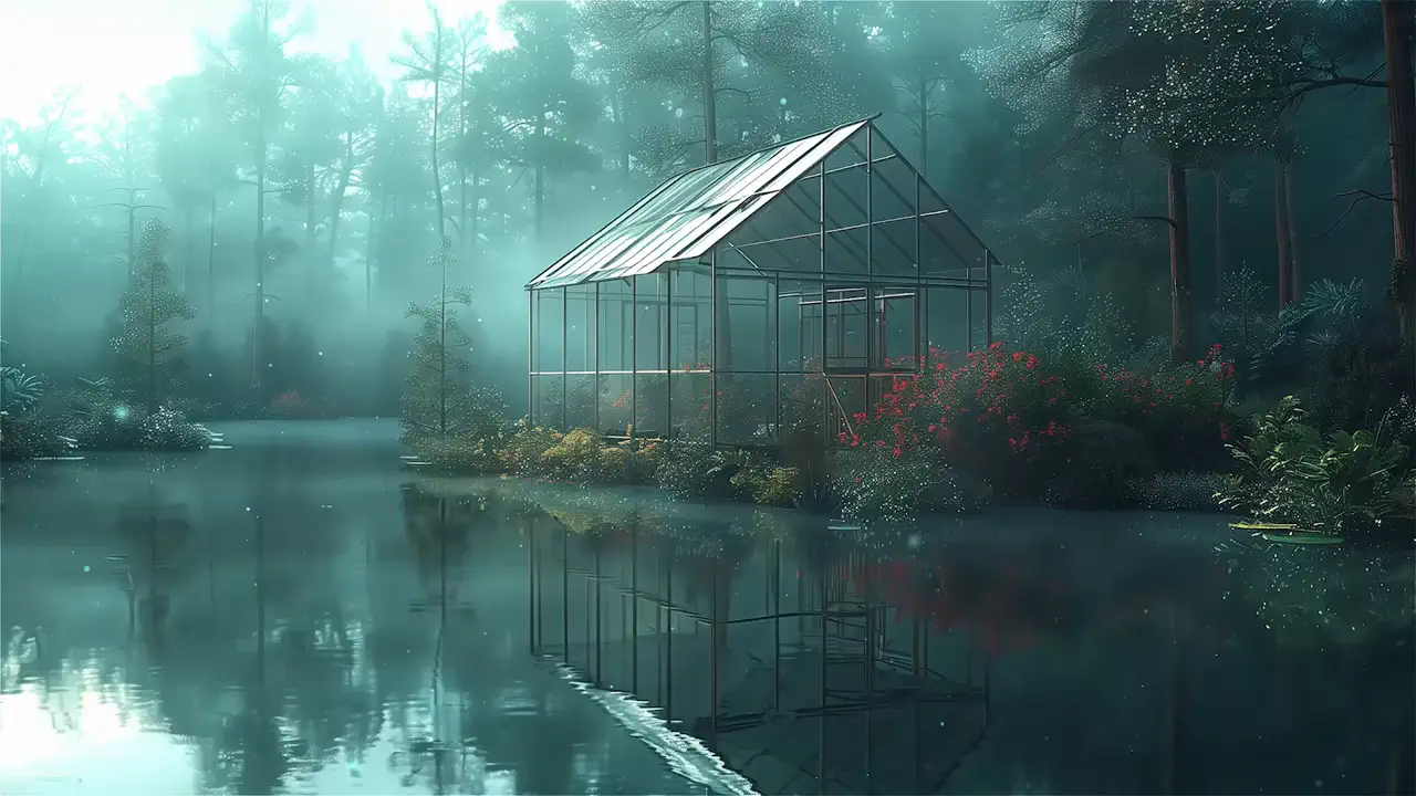 Misty Greenhouse Reflection